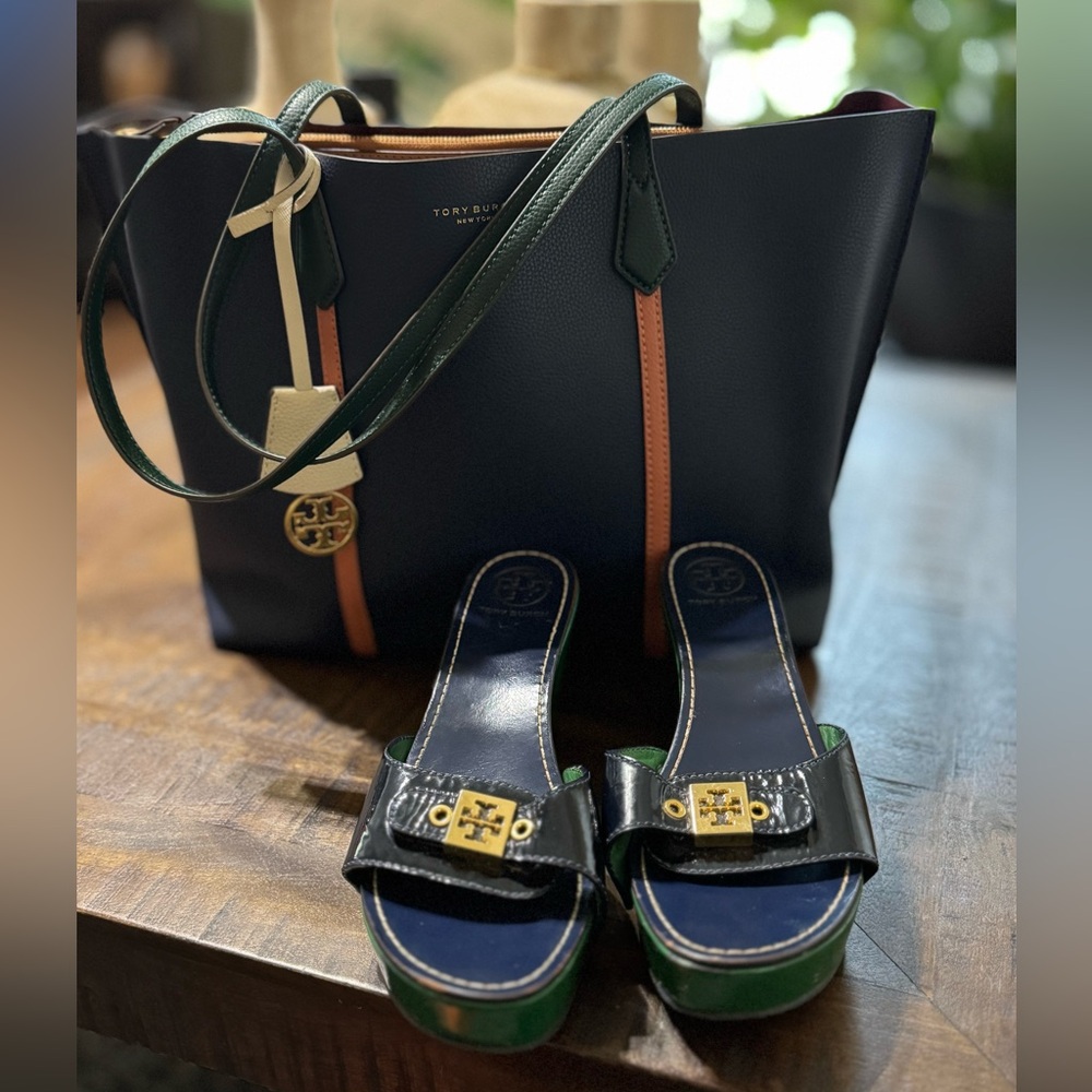 EUC TORY BURCH Perry Triple Compartment  Leather Tote and matching slides